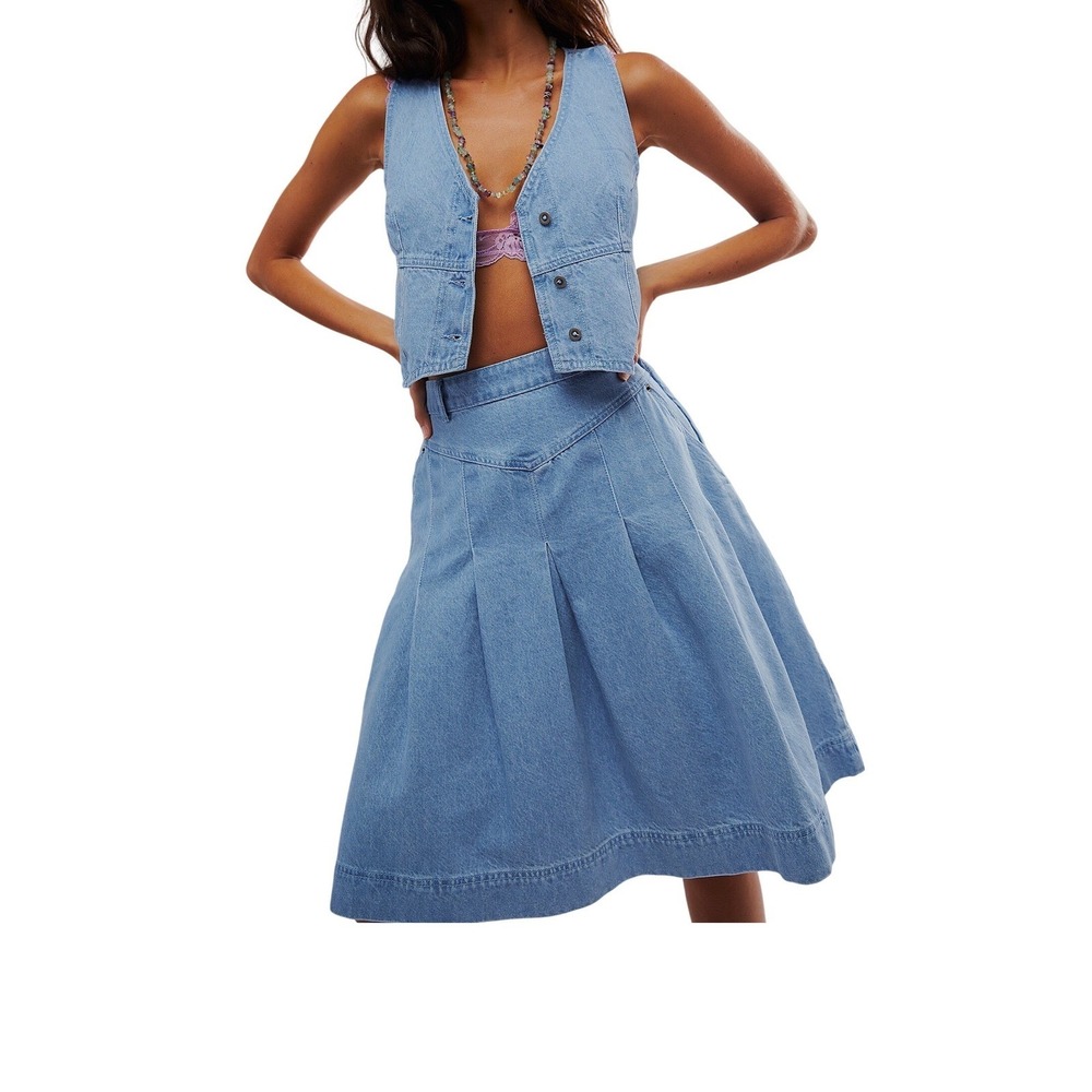 Free People Scout Denim Mini Skirt Womens 4 Dark Indigo Blue Boho Western V-Yoke